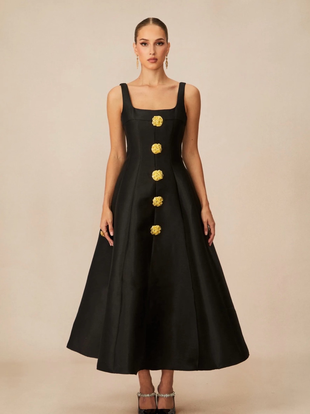 Elegant Black A-Line Dress With Gold Accent Buttons